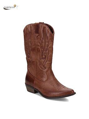 Faux Leather Western Mid-Calf Boots Pointed Toe Block Heel Embroidered